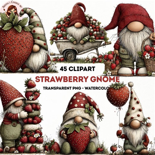 Strawberry Gnome Clipart PNG, Cute Garden Gnome Watercolor Set, Cottagecore Summer Berry Illustration (45 Files) (digital Download) - Etsy