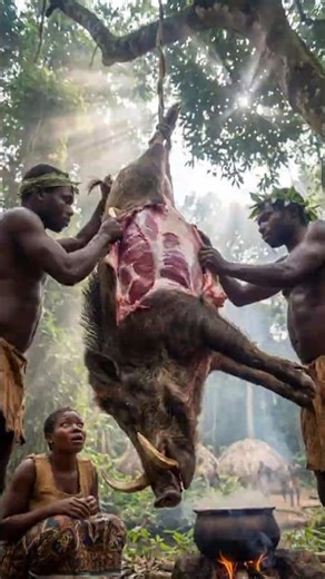 Tribal Cooking: Baka Pygmy Feast - Giant Forest Hog Catch & Cook! 🐗🔥 #shortsviral #tribalcooking
