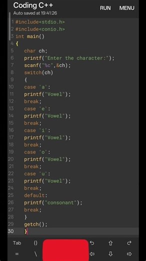Day 5-C Program to Check Vowel or Consonant 🔥 | Switch Case#codes#coder#bca#programming#coder#coders