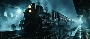 Steam Engine Train Departs from the Station in the Fog at Night