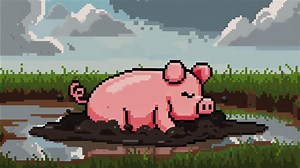 Download Pixel art pig wallowing muddy puddle with grass and cloud covered sky, pixel pig mud puddle grass for free