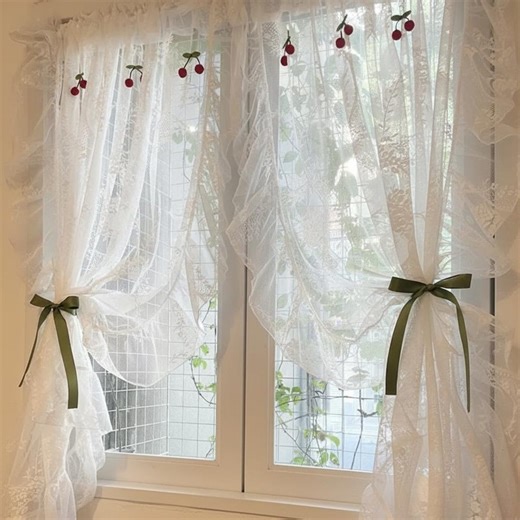 French Lace Cherry Curtain, Cottage Sheer Curtain, Farmhouse Window Curtain, Romantic Tie up Curtain, Kitchen Cafe Curtain Panel - Etsy