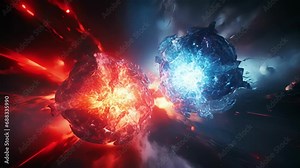 Closeup of two protons colliding and creating a burst of energy, revealing the formation of strange quarks as they break away from the collision.