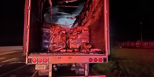 Semi carrying frozen meat catches fire in Howe