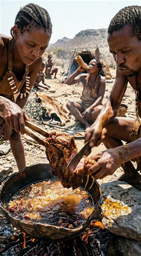 Twa Tribe Cooks Inside an Ancient Fossil Shell! 🦴🍖 #tribalcooking #tribalfood #shorts