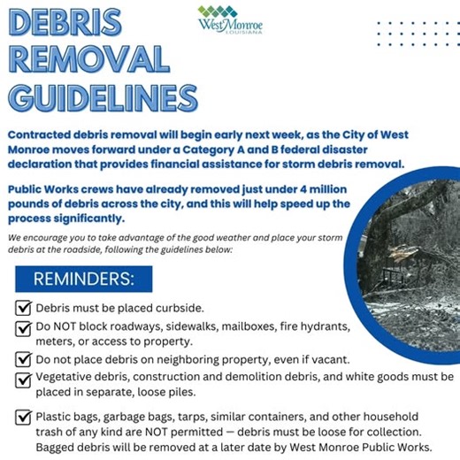 City of West Monroe to release debris removal guidelines