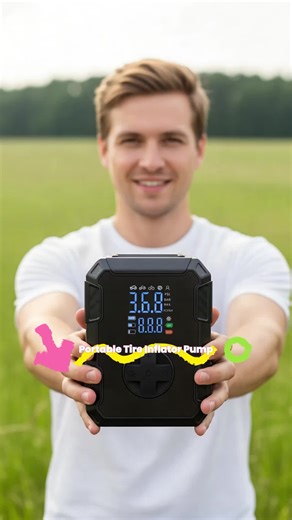 A compact, rechargeable air compressor pump, Portable tire inflator, with digital display and LED lighting, suitable for cars, motorcycles, bicycles. With one-touch inflation, 5 preset modes, SOS red strobe, and mobile power bank functionality