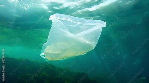 Plastic Bag and Bottle Floating in the Ocean, concept for environmental pollution, environmental sustainability