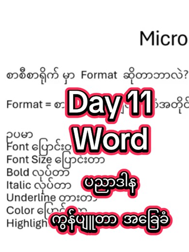 စာစီစာရိုက် Format ဆိုတာ ဘာလဲ? Font Group Tools များ လေ့လာနည်း (Day 11)
