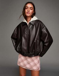 Bershka Belted faux leather jacket in brown | ASOS
