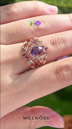 Amethyst Engagement Ring Nature Inspired Solid Gold Floral Bridal Set Unique Purple Gemstone Ring