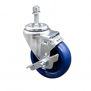 Solid Polyurethane Swivel Threaded Stem Caster w/4" x 1.25" Blue Wheel and 3/8" Stem & Top Locking Brake - 300 lbs Capacity/Caster - Service Caster Brand