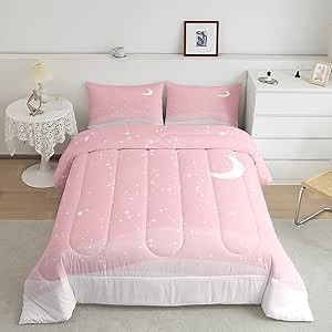 Castle Fairy Starry Sky Galaxy Full Size Comforter Set Pink and White Bedding for Kids Adults Teens Constellation Luxury Lovely Dreamy Quilt Room Decor 3Pcs