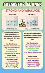Strong acids completely ionize in water, while weak acids partially ionize. The strength of an acid depends on the degree of ionization, not concentration. #StrongAcid #WeakAcid #AcidsAndBases #ChemistryNotes #GeneralScience | Chemistry Corner