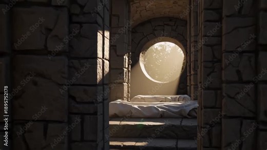 At sunrise, an open tomb reveals folded linen and an empty chamber as light floods in and mist clears. Serene resurrection aftermath scene centered on quiet wonder and renewal.