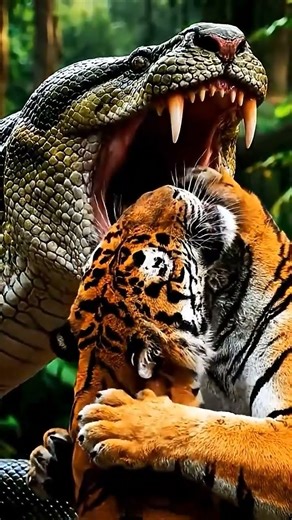 Giant Snake Swallows Tiger Whole​ #PythonVsTiger #WildlifeBattle #SnakeEatsTiger #animalfight