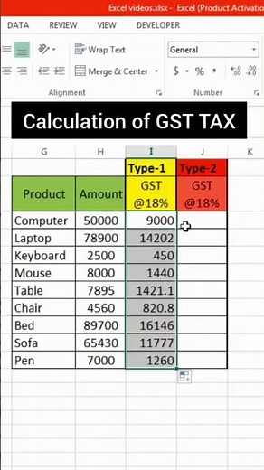Calculation of GST Tax in Excel