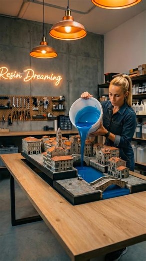 Satisfying Resin Pour 😌💦 Tiny Venice City with Real Water Channels #Shorts #ResinDreaming