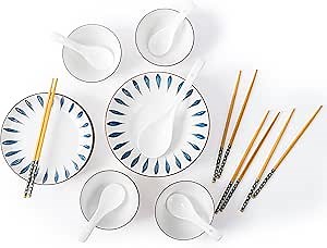 TOK Japanese Ramen Bowl Set with Chopsticks & Spoon - 18 pc Porcelain Dinnerware Set, Japanese Soup Bowls & Spoons Set, Asian Bowls, Noodle Bowls with Chopsticks, Ceramic Plates and Bowls Sets for 4