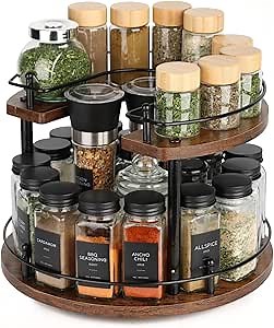Turntable Lazy Susan Organizer Spice Rack, 2Tier Wooden Spinning Revolving Organizer Height Adjustable,12'' Seasoning Rotating Spice Rack for Cabinet,Kitchen Countertop,Dining Table,Vanity Storage