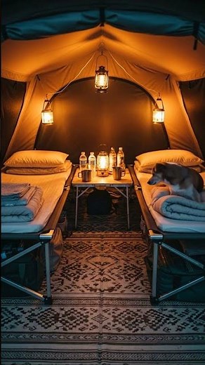 Cozy Camping Night Setup Warm Tent Interior With Lanterns & Cute Dog