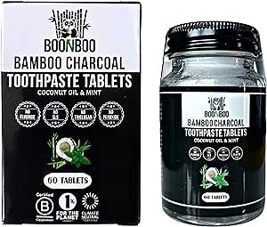 BOONBOO Bamboo Charcoal Toothpaste Tablets | 60ct Teeth Cleaning Tabs | Travel Friendly Mouthwash | Plastic-Free Glass Bottle and Aluminum Cap