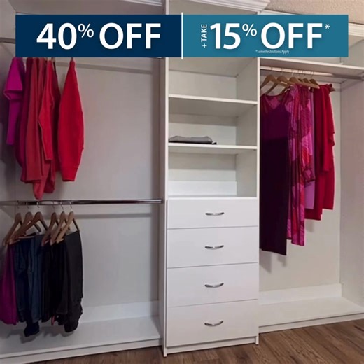 26 reactions · 22 shares | Limited-time offer! Take 40%+15% Off. Book your free in-home consultation. Get organized now with Closets by Design. | Closets By Design | Facebook