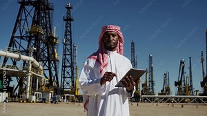 Man conducts oilfield inspection with tablet. Engineer checks drilling for energy production. Industrial industry site shows rigs. Inspection supports corporate operations. Field team monitors safety.
