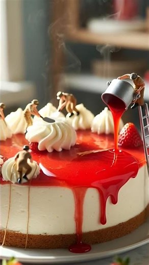 Tiny workers building a strawberry cheesecake dream 🍓✨