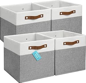 OrganiHaus 12" x 12" x 12" Fabric Cube Storage Bins - Set of 4, Cube Fabric Organizer Bins with Vegan Handles, Kallax Storage Cubes, 12Inch Cubic Baskets for Shelves - Grey / White