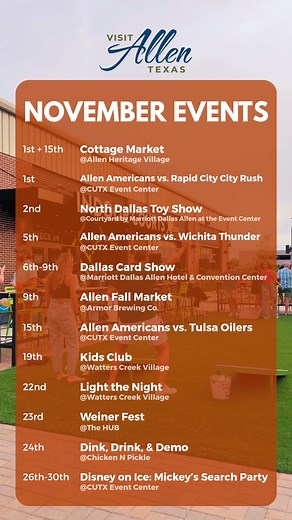 2K views | November in Allen feels like that sweet spot between fall colors, cool air, and a calendar full of things to do.  Plan your weekends around markets, hockey nights, and holiday activities. Your November starts here ➡️ visitallentexas.com/events �#VisitAllenTexas #FalIEvents | Visit Allen, Texas | Facebook