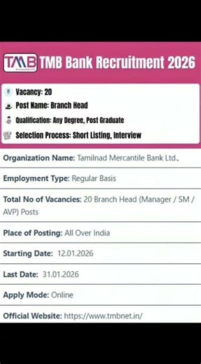 TMB Branch Head Recruitment 2026 | Manager–AVP Jobs | No Fee | Apply Now #TMBJobs