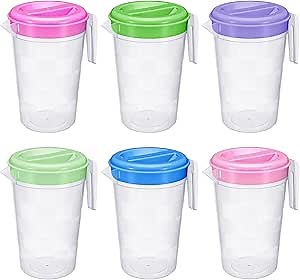 Honeydak 6 Pcs Round Clear Plastic Pitcher with Lid & Handle for Water Iced Tea Beverages (6 Packs Assorted Color) Jarras Para Aguas Frescas Plastic Pitcher for Easy Pouring