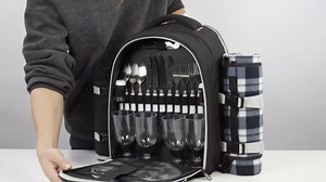 Picnic Backpack for 4 Persons with Insulated Leakproof Cooler Compartment, Cutlery Sets, Wine Holder, Fleece Blanket, Wedding Gifts for Couples, Perfect for Beach, Camping, Hiking, Grey