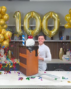 13M views · 326K reactions | Celebrating my 100th chocolate showpiece with this special creation! A chocolate slice of cake in disguise sitting on an oversize chocolate cake cutter, topped with a cherry pastry and a fully functional candle! Your continuous support has made this journey incredible. Thank you all for being part of this sweet adventure! - #amauryguichon #Chocolate #Milestone #Gratitude | Amaury Guichon | Facebook