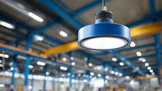 187Industrial warehouse with close-up of blue metal ceiling lamp, LED illumination highlighting steel structure textures, hanging fixture in modern minimal environment, sharp focus, p