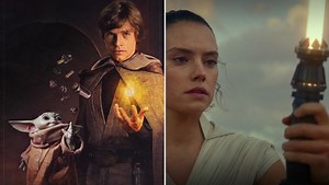 MANDALORIAN Poster Points to a Yellow Lightsaber for Grogu