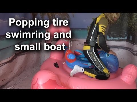 Pop inflatable - Popping a small plane boat and tire swim ring