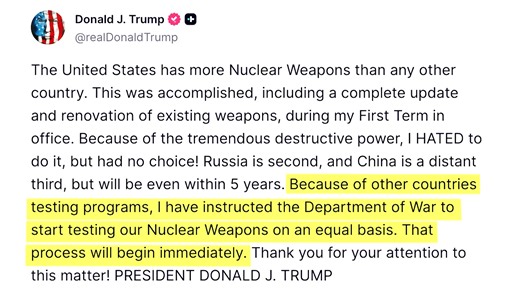 52K views · 1.5K reactions | President Trump ordered the US military to immediately resume testing nuclear weapons after a gap of 33 years, minutes before beginning a meeting with Chinese President Xi Jinping https://reut.rs/47LNZY2 | Reuters | Facebook