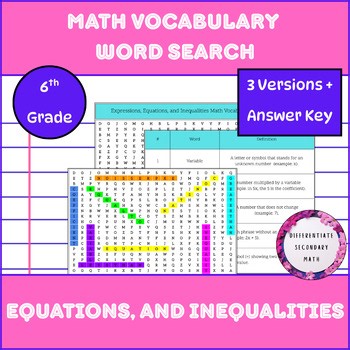 Math Vocabulary Word Search: Equations, and Inequalities