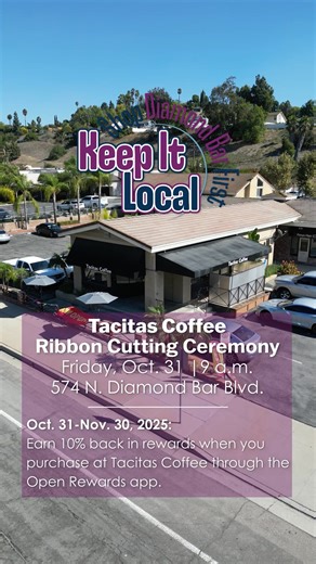Join the City in welcoming Tacitas Coffee to Diamond Bar! 🥳 Ribbon Cutting Ceremony ✂️ Friday, Oct. 31 at 9 a.m. 574 N. Diamond Bar Boulevard 🎁 Keep it Local Rewards Alert: Oct. 31-Nov. 30 Earn 10% back in rewards all month long when you purchase at Tacitas Coffee through the Open Rewards app! For more information, contact the Economic Development team at 909-839-7012 or econdev@diamondbarca.gov. How to Earn Rewards: 1️⃣ Download the Open Rewards: Shop Local app 📱 2️⃣ Create your account 3️⃣ 