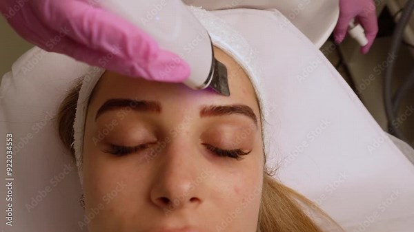 Facial cleansing with ultrasound scrubber. Woman receiving ultrasound facial peeling and cleansing. Cosmetology and face skin care. Facial treatment