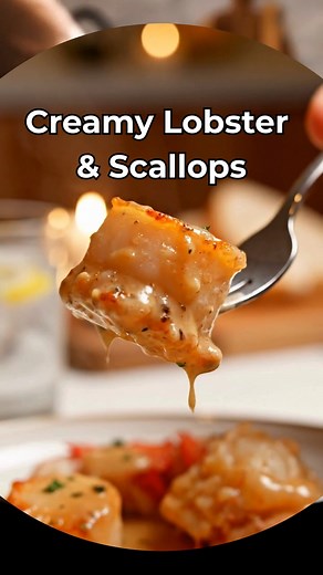Lobster & Scallops in Creamy Garlic Sauce Soft, buttery scallops and tender lobster coated in a warm, velvety garlic cream sauce — simple, comforting, and perfect for a cozy night in. The whole dish comes together fast, but it feels like something you’d order at a nice seafood restaurant. Save this for your next cozy seafood night — it’s a 12-minute comfort win 💛 📝 Ingredients • 1 cup cooked lobster meat, chopped • 8–10 large scallops, patted dry • 2 tbsp butter • 3 garlic cloves, minced • ½ c
