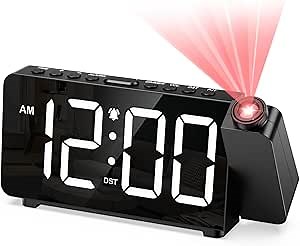AMIR Projection Alarm Clock for Bedroom Ceiling, Digital Clock with 180° Projector, 5 Level Brightness, Snooze, Night Mode, USB Charger, Loud Alarms for Kids,Heavy Sleepers, 12/24H, DST