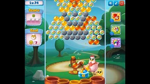 Level 74 with a score of 40,760! Honestly, this level requires not only skill(knowledge of how swirl bubbles work), but some luck as well. All you need are yellow and red bubbles. How the swirl bubbles work is: Swirl bubbles change color depending on bubbles that are popped next to them. So if a clump of yellow bubbles are popped, swirl bubbles that were touching those popped bubbles will turn yellow. The chain reaction following will lead to some awesome combos in levels such at 74. How did you