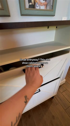 Keep your entryway clutter-free with this farmhouse shoe storage cabinet with flip drawers and barn door design 🏡 Perfect for entryways, foyers, hallways, and small spaces, this slim hidden shoe rack cabinet stores multiple pairs while adding rustic farmhouse décor style. The 2–4 flip drawers and open storage shelf make organizing shoes easy while keeping your home looking clean and stylish. #tiktokshopcreatorpicks #shoestorage #entrywaydecor #homestorage #farmhousedecor