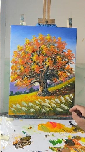 Easy Acrylic Painting 🍂 Big Autumn Tree in a Golden Field | Pure Nature Art