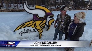 SKOL IN SNOW: A Mora, Minnesota, man built a spectacular Vikings Norseman sculpture in his yard. And he's not letting a recent ALS diagnosis slow him down. STORY: http://bit.ly/2rs5eLS | Fox 9