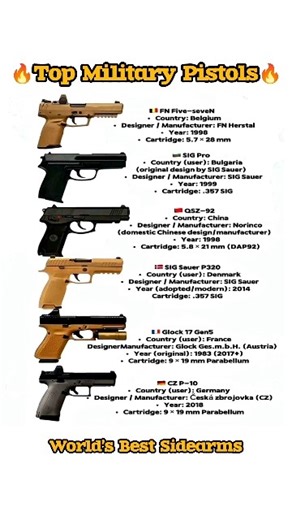 Top Military Pistols of the World 🔥 | FN Five-seveN to Glock 17 #MilitaryWeapons #GunFacts