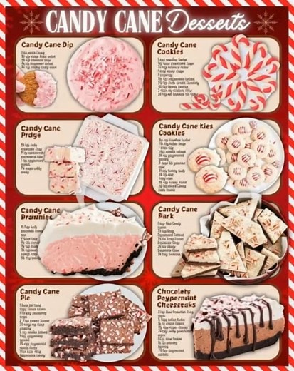 EASY CANDY CANE TREATS FOR CHRISTMAS! CANDY CANE DIP: 8 oz cream cheese ¾ cup vanilla Greek yogurt ⅓ cup powdered sugar ½ tsp peppermint extract ¼ cup crushed candy canes CANDY CANE FUDGE: 20 oz white chocolate chips 14 oz sweetened condensed milk 1 tsp peppermint extract 1½ cups candy canes CANDY CANE KISS COOKIES: ½ cup unsalted butter 1¼ cup white sugar 1 large egg 1 tsp vanilla extract ½ tsp peppermint extract 2 cups all-purpose flour ¼ tsp baking soda ¼ tsp salt 2 tsp milk ½ cup crushed can